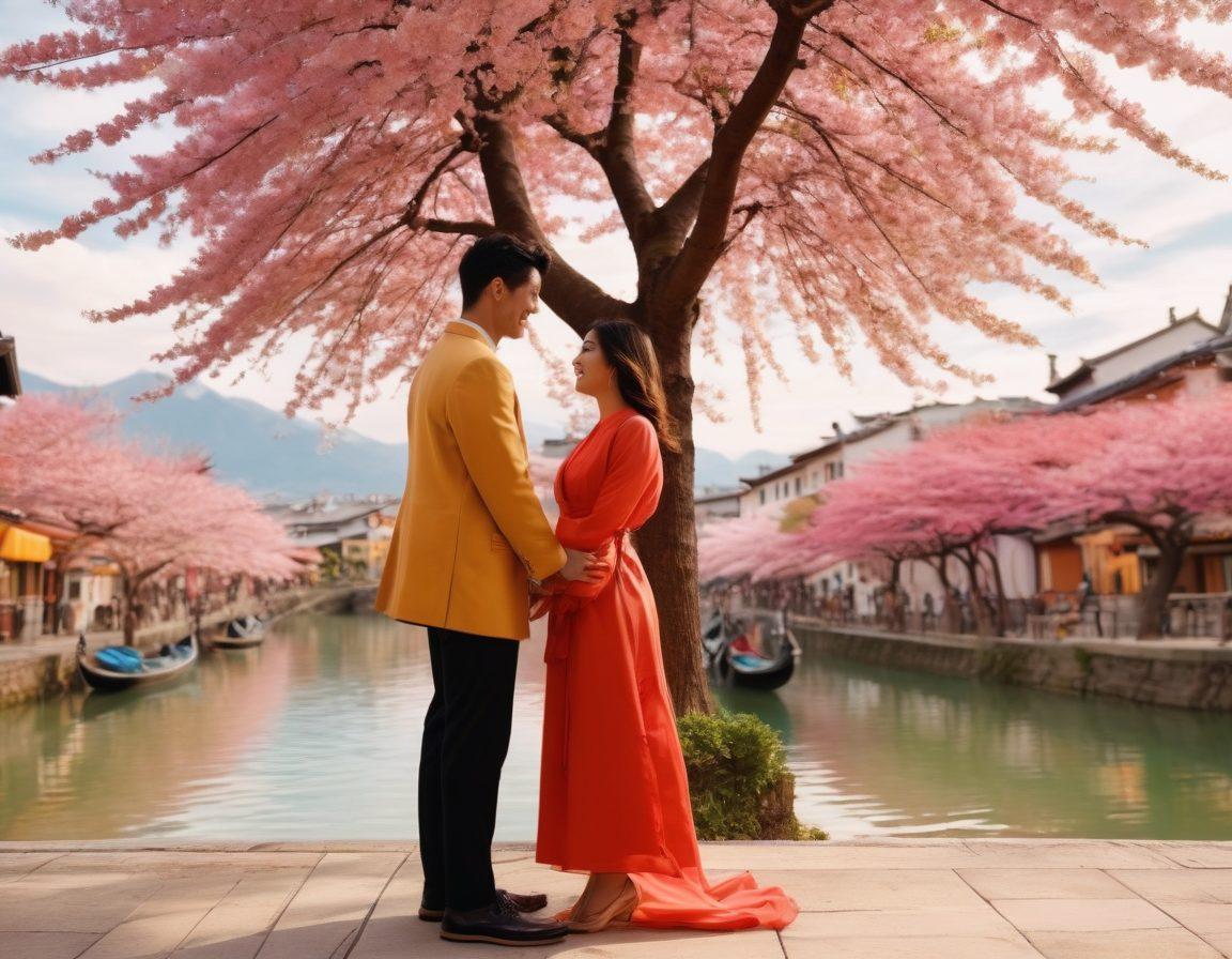 A split image showcasing two couples from different cultures engaging in playful flirting across a vibrant cityscape. Include iconic cultural symbols such as a Japanese cherry blossom tree and an Italian gondola in the background. Capture the joyful expressions and diverse attire of both couples, emphasizing their connection despite differences. Use warm and inviting colors to create a romantic atmosphere. super-realistic. vibrant colors. 3D.