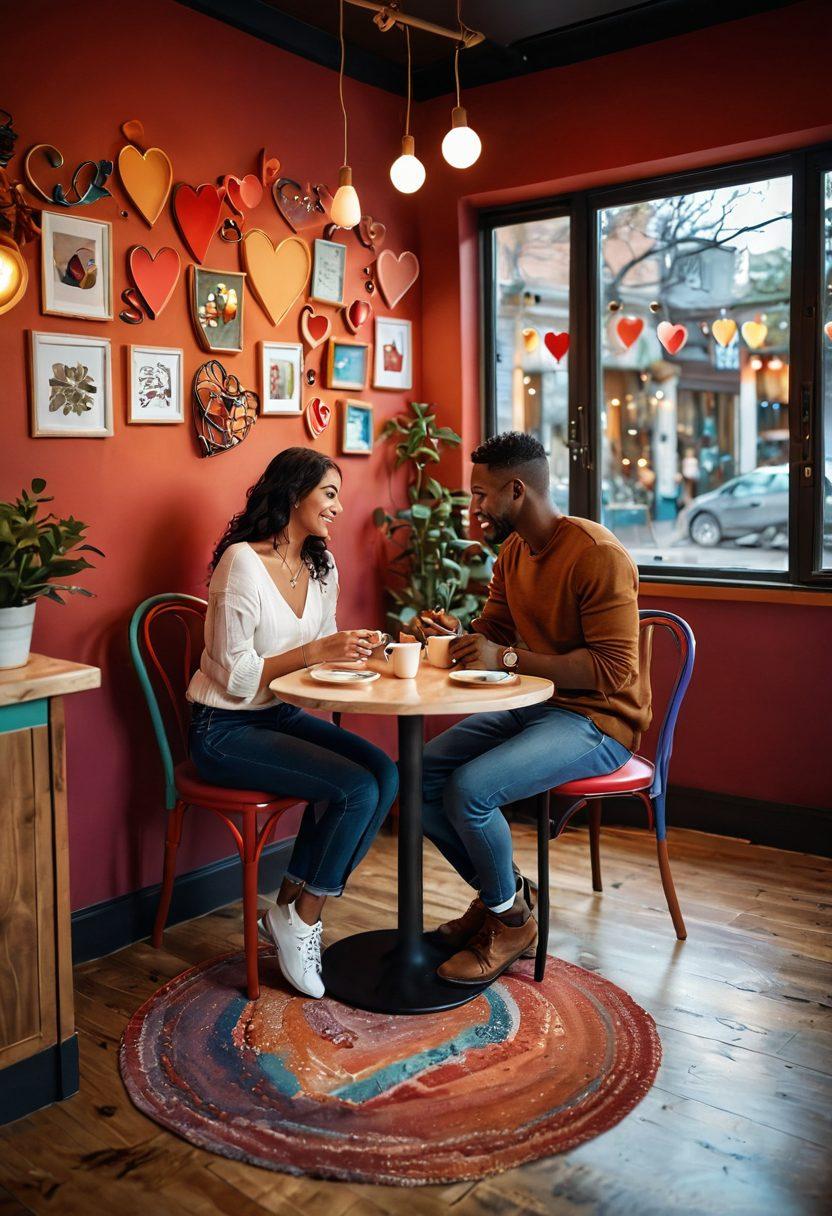 A heartwarming scene showcasing a diverse couple enjoying a playful moment together in a cozy café surrounded by colorful decor. Include elements that symbolize love, such as heart shapes and intertwined hands, while capturing the essence of casual dating. Soft, warm lighting to evoke a sense of intimacy and connection. super-realistic. vibrant colors.