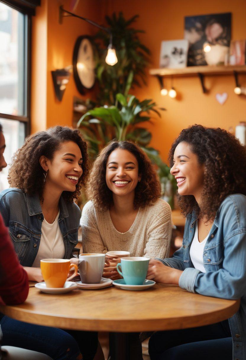 A cozy coffee shop scene featuring a diverse group of friends engaging in laughter and conversation, symbolizing casual dating. The ambiance is warm and inviting with soft lighting and colorful plants. Include coffee cups, books, and playful elements like hearts or arrows subtly blended into the background. Focus on inclusivity and joy to convey the essence of building connections. vibrant colors. super-realistic. warm tones.